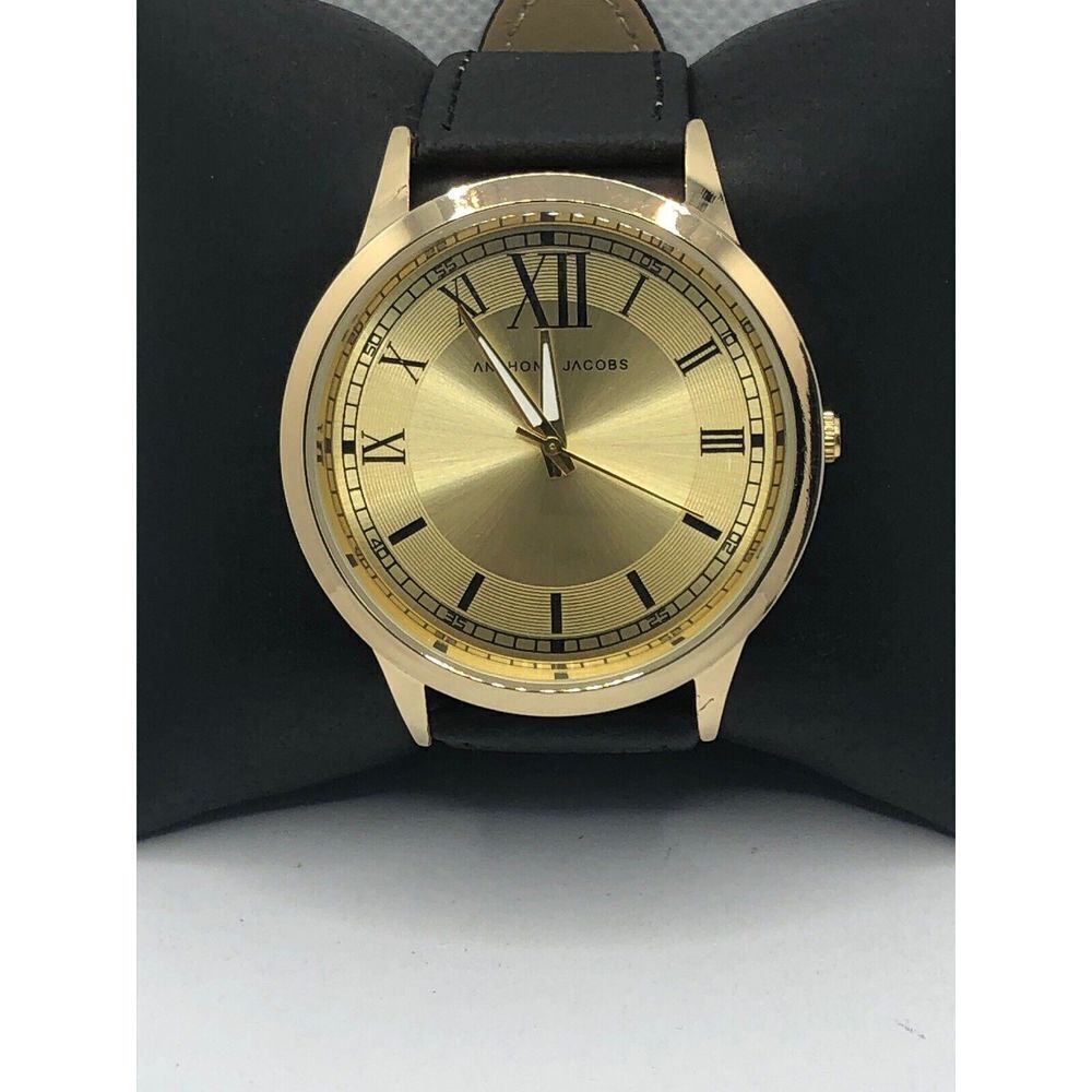 Anthony Jacobs Unisex Black Leather Analog Gold Dial Quartz Genuine Watch OP352